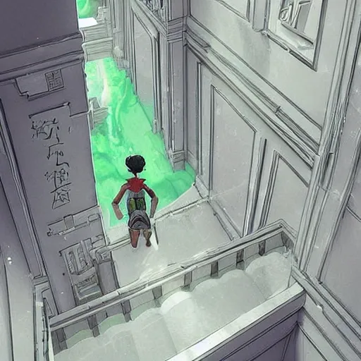 Image similar to a flood of slime in a bright white hallway with many doors and many stairs, Mc Escher architecture, epic composition, by Makoto Shinkai