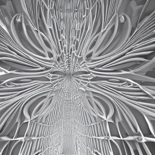 Prompt: awe elegant symetrical highly sophisticated highly intricated generative flow fields curve ornate network translucent wood sagrada familia ceiling continuous landscape flow, dezeen, backlit, zaha hadid, hyper realistic pastel light gray dark gray and white, ultra detailed, parametric architecture, 8k, epic cinematic detailed, 3D