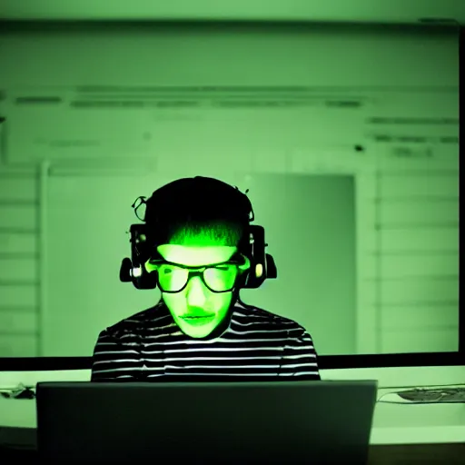 Image similar to computer nerd sitting in a dark room in front of laptop computer, green computer glow on face, photograph, kodak film, realism,