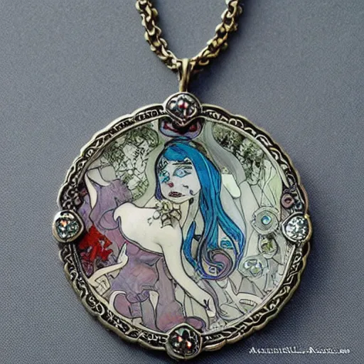 Prompt: artnouveau American mcgee's alice creepy necklace made by René lalique or Alfons mucha