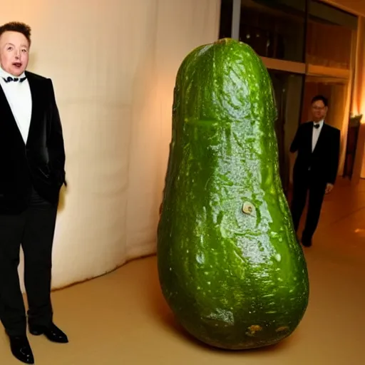 Prompt: Elon Musk standing next to a giant pickle at a gala