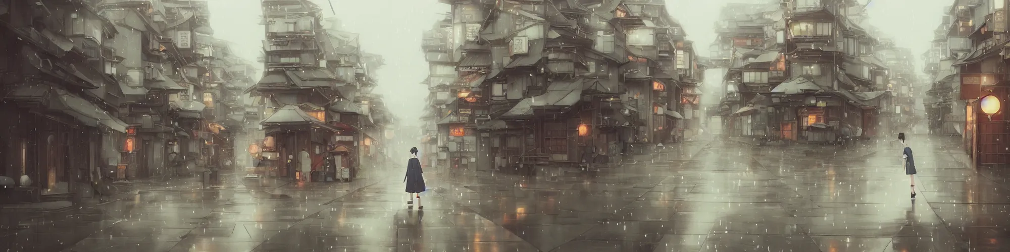 Prompt: a japanese anime traditional town raining road, urban moody neutral hipster tones, joy gaze, cel - shaded, classical animation, cinematic, edge - to - edge print, rendered by studio ghibli, artgerm, alyssa monks, andreas rocha, david kassan, neil blevins