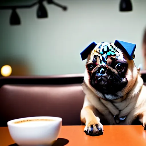 Prompt: film still medium shot a pug wearing a vr headset in a coffee shop, leica sl 2 5 0 mm, vivid color, high quality, high textured, real life