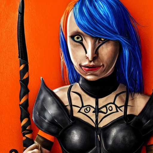 Image similar to illustrated realistic portrait female kobold horns orange skin and blue hair with black evil eyes wearing leather armor