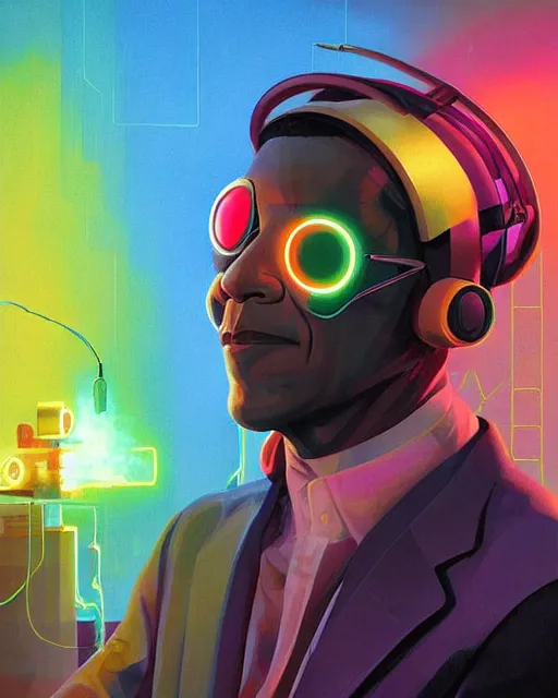 Prompt: obama as future coder man looking on, sleek cyclops display over eyes and sleek bright headphoneset, neon accent lights, holographic colors, desaturated headshot portrait digital painting by dean cornwall, rhads, john berkey, tom whalen, alex grey, alphonse mucha, donoto giancola, astronaut cyberpunk electric