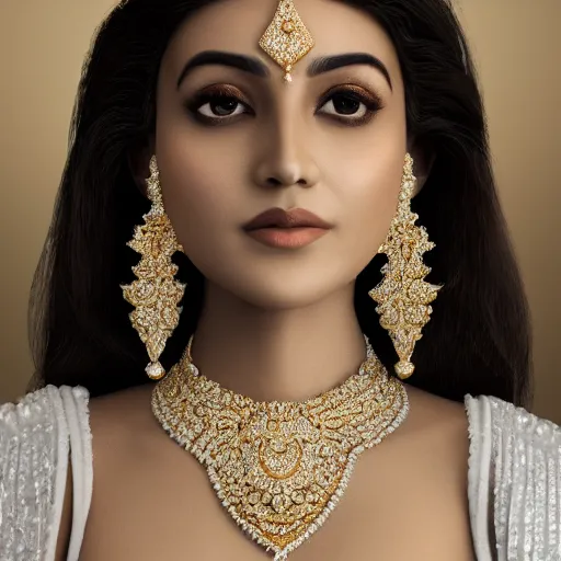 Image similar to portrait of wonderful hindi princess of white diamonds with fair skin, white flowers, ornate with white diamonds, 8 k, gorgeous, intricate, detailed, glowing white accent lighting, dramatic lighting, octane render