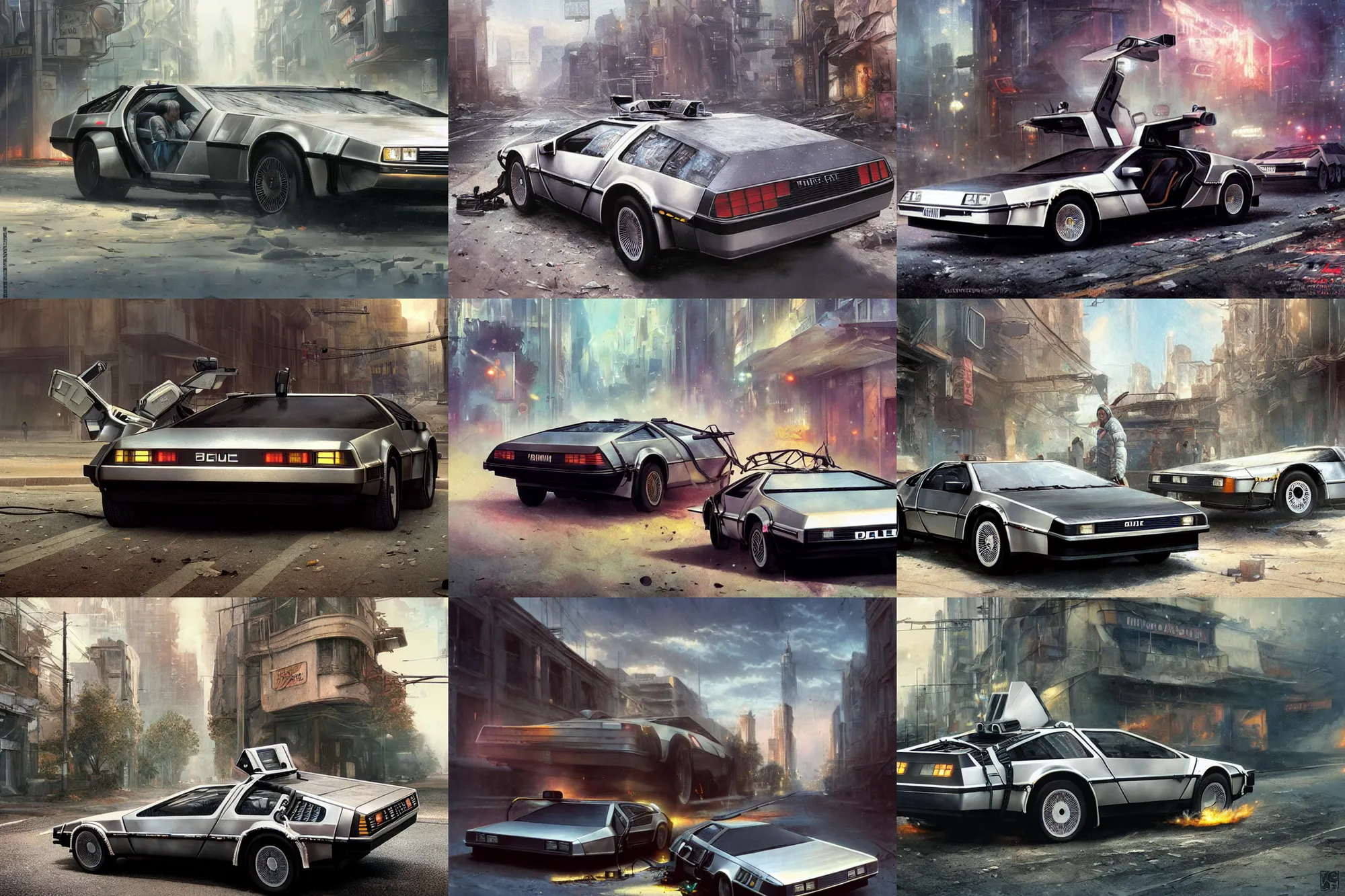 Prompt: back to the future movie still, delorean, with a sleek spoiler, driving down the streets of a cyberpunk abandoned city, by greg rutkowski, by stanley artgerm, by alphonse mucha