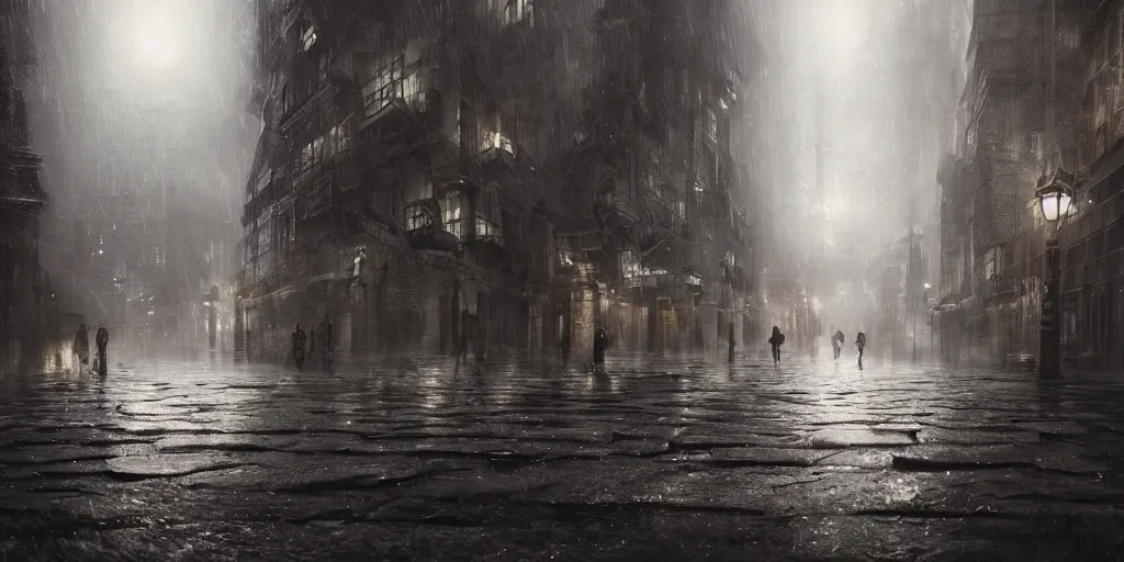 Image similar to a cold and melancholic city in a dark cavern, rainy and gloomy atmosphere, fantasy digital art, octane render, beautiful composition, trending on artstation, award - winning photograph, masterpiece