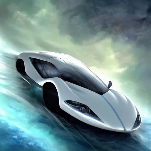 Prompt: a futuristic sports car that can fly and drive underwater, artstation hall of fame gallery, editors choice, #1 digital painting of all time, most beautiful image ever created, emotionally evocative, greatest art ever made, lifetime achievement magnum opus masterpiece, the most amazing breathtaking image with the deepest message ever painted, a thing of beauty beyond imagination or words, 4k, highly detailed, cinematic lighting