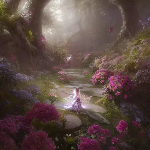 Prompt: silver fairies home madeup of flowers, magical world, by greg rutkowski, sung choi, photo realistic, 8 k, cinematic lighting, hd, atmospheric, hyperdetailed, trending on artstation, devainart, digital painting, glow effect