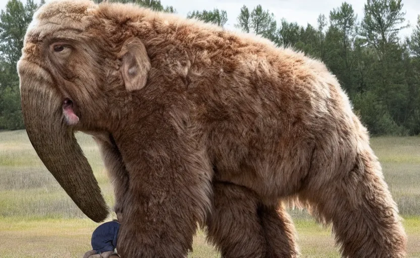 Image similar to Donald Trump in a baby mammoth costume , with an open face