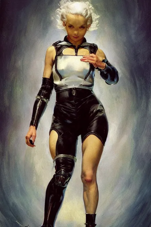 Image similar to pulp scifi fantasy illustration full body portrait android girl, gymnastique, white hair, in leather, by norman rockwell, roberto ferri, daniel gerhartz, edd cartier, jack kirby, howard v brown, ruan jia, tom lovell, frank r paul, jacob collins, dean cornwell, astounding stories, amazing, fantasy, other worlds