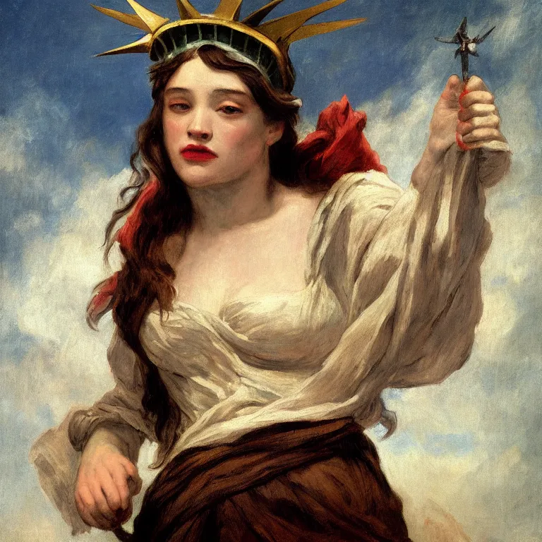 Image similar to Kate Dennings as lady liberty by Eugène Delacroix, masterpiece 4k digital, highly detailed, trending on artstation, award winning