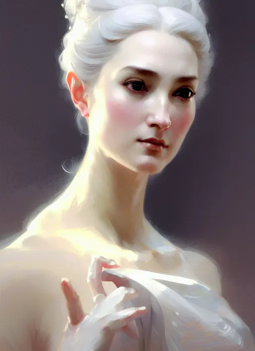 Image similar to character concept portrait of a stoic and proud woman in an elegant gown, pale face, intricate, elegant, digital painting, concept art, smooth, sharp focus, illustration, from Metal Gear, by Ruan Jia and Mandy Jurgens and William-Adolphe Bouguereau, Artgerm