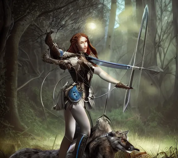 Image similar to Greek Goddess Artemis in moonlit forest, surrounded by wolves, wearing leather archer armour, medium shot portrait by artgerm loish and WLOP, octane render, dynamic lighting, asymmetrical portrait, dark fantasy, cool blue toned, trending on ArtStation