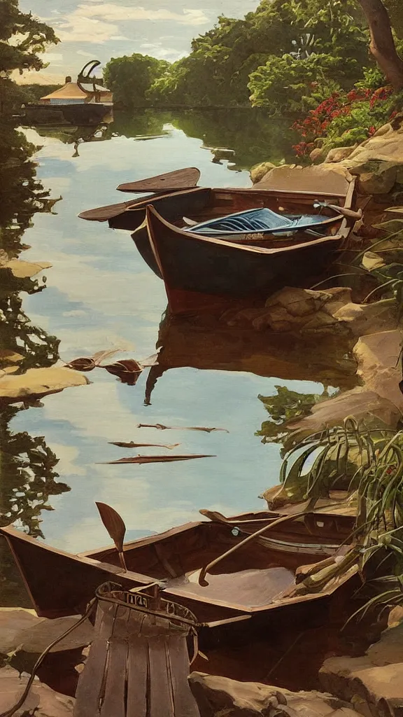 Image similar to a subterranean lagoon where a rowboat is moored to a small wooden dock, in a style blend of whelan and leyendecker and rockwell, oil painting, volumetric lighting, intricate details