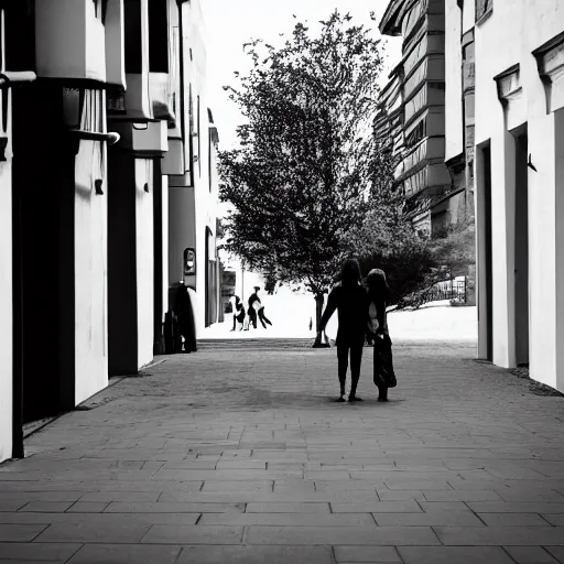 Prompt: black and white minimalist photo of three people walking on a street
