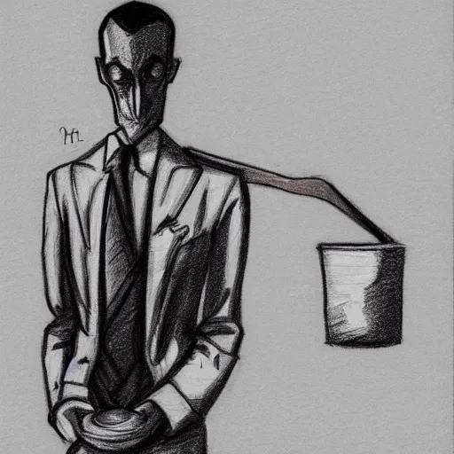 Prompt: drawing a stern and pale man in a beige peak lapel suit holding up a spoon in his hand in a menacing and threatening way, chiaroscuro, medium full shot, character design concept art