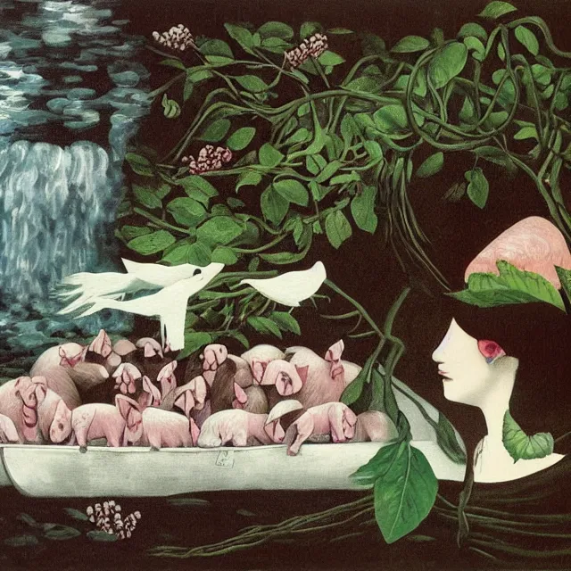 Prompt: emo pathology student, a river flooding inside, medical supplies, pigs, plants in glass vase, pork meat, water, river, rapids, canoe, pomegranate, berries dripping, waterfall, swans, acrylic on canvas, surrealist, by magritte and monet