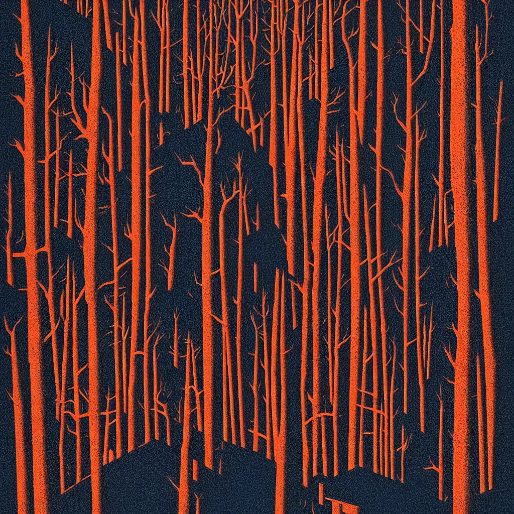 Image similar to oregon forest, mads berg, karolis strautniekas, film noir, stippled light, dramatic lighting, editorial illustration, detailed, fine texture, matte print, art deco, brutalism, dark blue + dark orange, red, black, ( ( habitat 6 7 background ) )