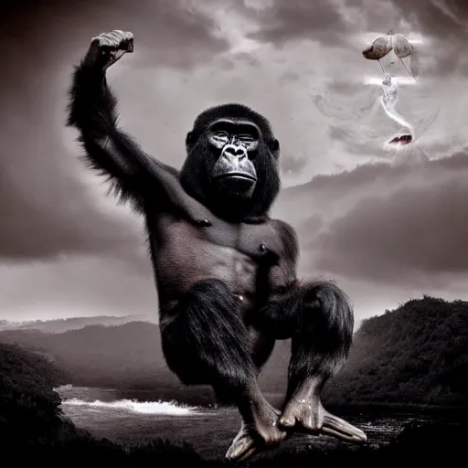 Prompt: gorilla falling from heaven, in the style of an amon duul ii album cover