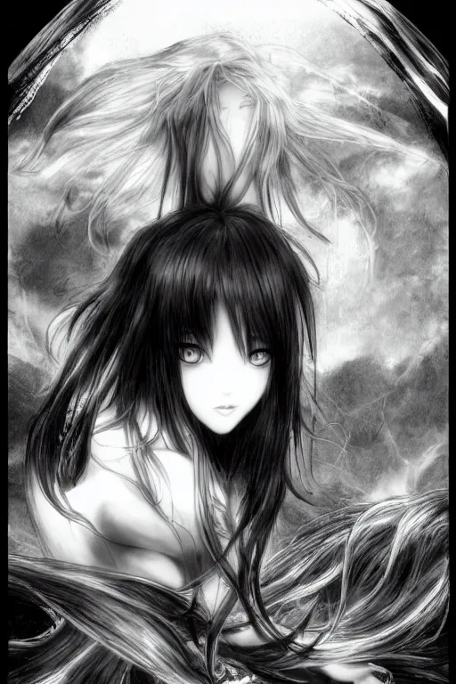 Image similar to a vertical portrait of a character in a scenic environment by Yoshitaka Amano, black and white, dreamy, cybernetic, wavy long black hair, highly detailed