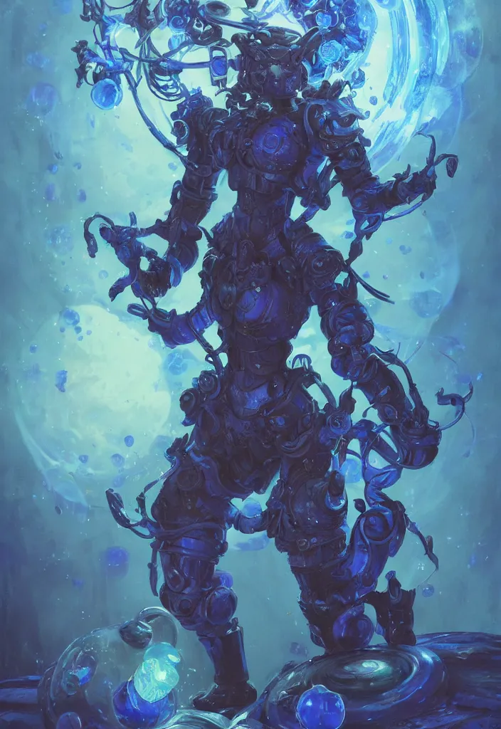 Image similar to full body picture of a blue mech armor witch, standing on a floating greed cubes with monster companions, model pose, very brightening eyes, huge magic circles on the hand, magic and fantasy, extremely beautiful and aesthetic and detailed cute face, specular reflection, occlusion shadow, intricate, masterpiece, by ilya kuvshinov and jeremy lipking and quentin mabille