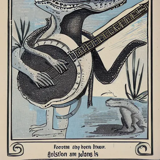 Image similar to a vintage illustration of an alligator playing a banjo