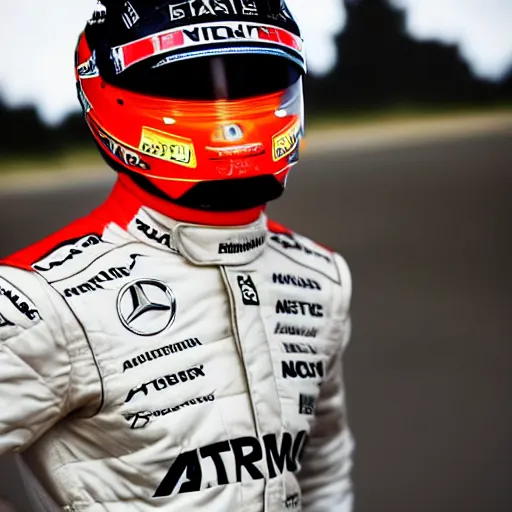 Image similar to close up of max verstappen wearing mercedes amg overall, dramatic shot, great photography, ambient light, l