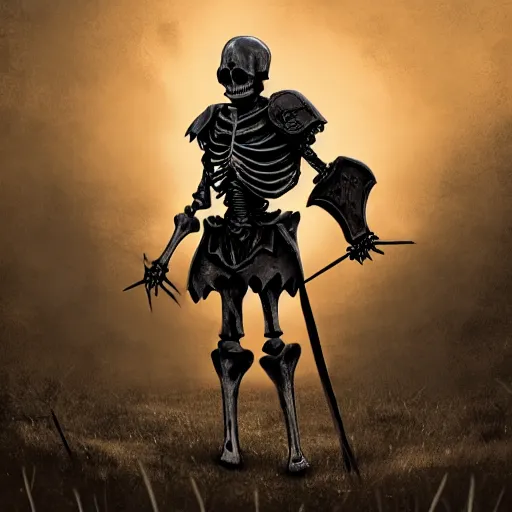 Image similar to in the style dnd a skeleton knight in black full plate armor standing on the battlefield surrounded by dead bodies, golden hour, shallow depth of field, moody lighting, 8 k, concept art,