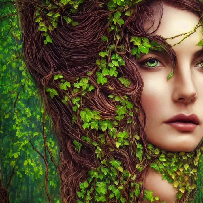 Image similar to nature goddess, beautiful portrait, skin is green, entwined in vines and nature, forest theme, dark forest, light shining through, hyper - realistic, extremely detailed