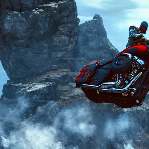 Prompt: kratos jumping a black harley - davidson motorcycle off a cliff, cinematic render, playstation studios official media, god of war 2 0 1 8, flames, centered profile