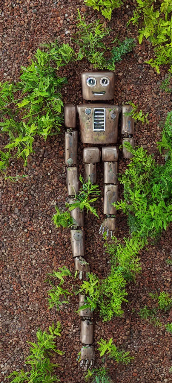Prompt: award winning photo of robot body rusty and filled with plants, stunning, 4 k, detailed, top - down, realistic