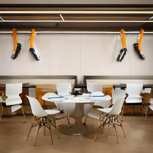 Image similar to three large white glossy kuka industrial robot arms on the floor around a dinner table, the kuka industrial robot arms are wearing bow ties, the table is full of food, they are having dinner inside a fine dining restaurant with mid century modern furniture and decor, global illumination, artstation, fantasy