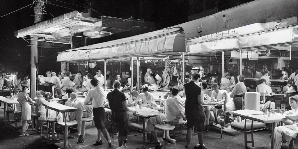 Image similar to detailed sharp photograph in the style of popular science circa 1 9 5 5 and gregory crewdson of a 1 9 5 0 s crowded diner summer night