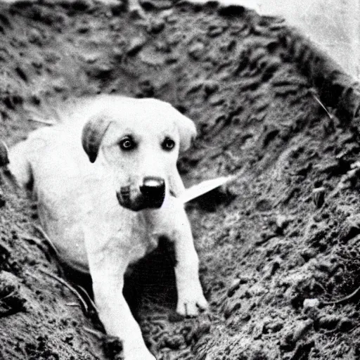 Prompt: Puppy in ww1 trench, war photo, film grain