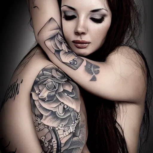 Image similar to Hot young woman, grey skin, tattoos, wearing leather and hugging a shrouded figure digital art