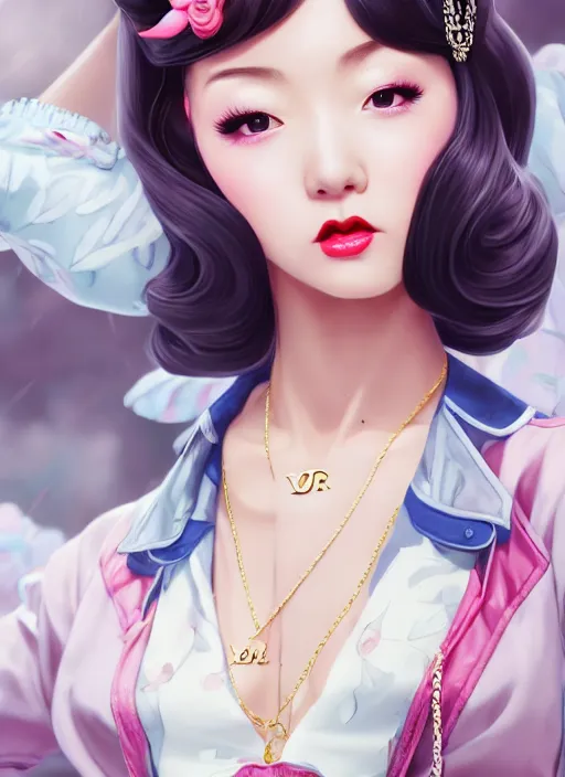 Image similar to a pin up and beautiful fashion dreamlke japan girl with lv jewelry, character art, art by artgerm, wlop, loish, hyperdetailed, 8 k realistic, symmetrical, global illumination, radiant light, frostbite 3 engine, cryengine, dof, trending on artstation, digital art, chanel, dior, detailed background