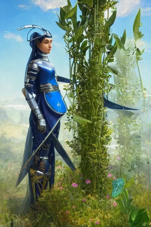 Prompt: female knight errant in a high tech botanical world with blue skies| pristine metals, glass and plants | solarpunk | artstation | | high detail | Jules Joseph Lefebvre