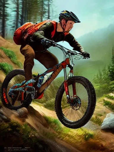 Image similar to handsome man riding a mountain bike in the wild, downhill. intricate, elegant, highly detailed, digital painting, artstation, cinematic shot, concept art, sharp focus, illustration, by justin gerard and artgerm, 8 k