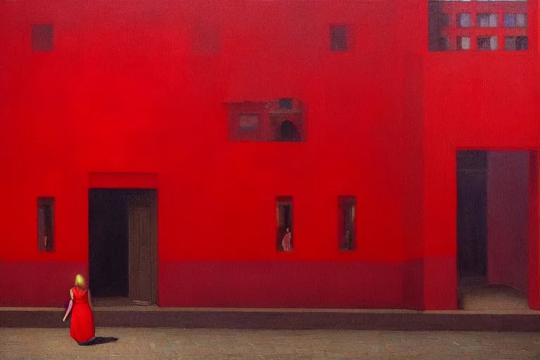 Prompt: only with red, crowd delirious at the sight of a painting, in a city square, in the style of beksinski, parts by edward hopper, parts by rodcenko, parts by yue minjun, intricate and epic composition, red by caravaggio, insanely quality, highly detailed, masterpiece, red light, artstation, 4 k