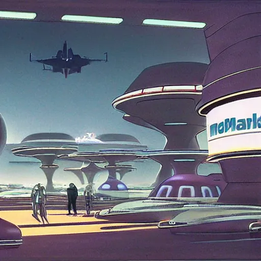 Image similar to ralph mcquarrie concept art of a futuristic mcdonalds. a space station is seen off in the distance with various droids and people walking in the foreground.