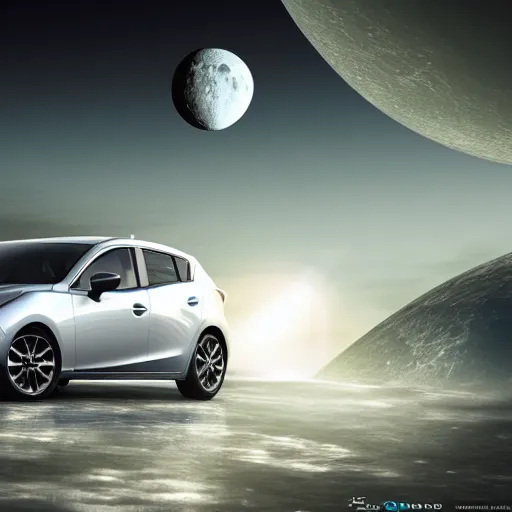 Image similar to A Mazda 3 hatchback as an alien spaceship flying over the Moon, 4K, High Detail,