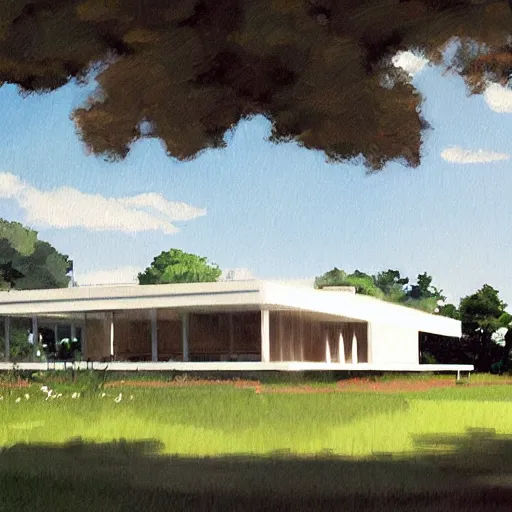 Prompt: farnsworth house, art by makoto shinkai