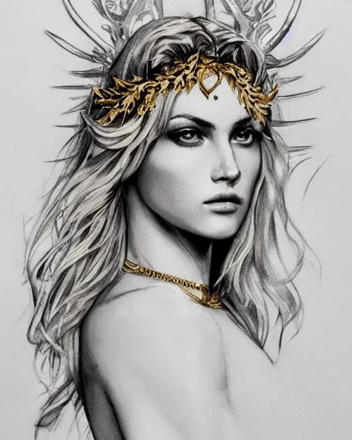 Image similar to tattoo sketch of beautiful super model aphrodite greek goddess wearing a gold laurel wreath and triangle earrings, beautiful piercing gaze with sharp pupils, beautiful blonde hair, in the style of greg rutkowski, fantasy, amazing detail, epic, elegant, smooth, sharp focus, front view