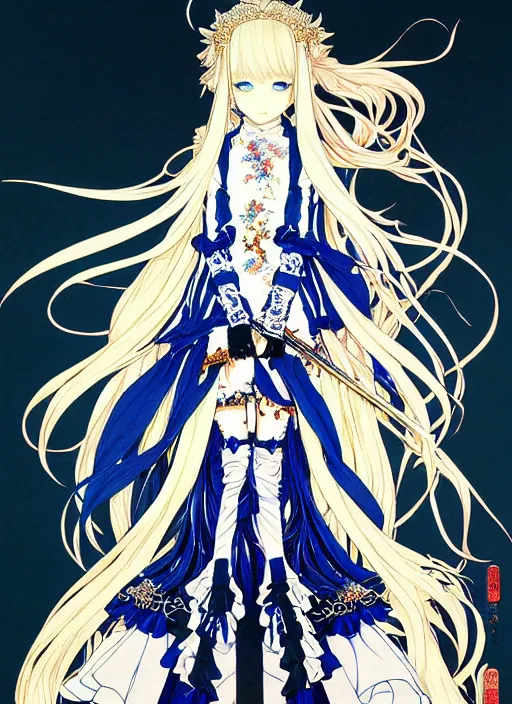 Image similar to exquisite imaginative fate manga poster design of princess, long wavy hair, armor, ruffles, by takato yamamoto, shigenori soejima, minaba hideo, katsuhiro otomo, jump comics, fluorescent, illustration, artstation, dark fantastic, highly detailed, 8 k, maximalist