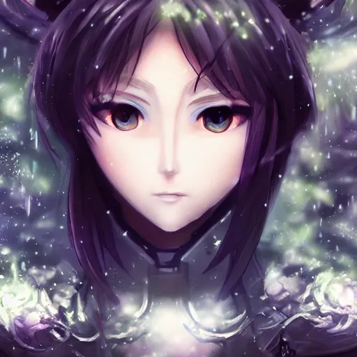 Prompt: focus face portrait of beautiful darkness knight 3D anime girl, Armor wearing, dark forest background, snowing, bokeh, inspired by Masami Kurumada, digital painting, high contrast, unreal engine render, volumetric lighting, high détail