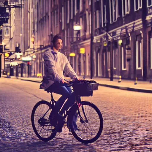 Prompt: highly realistic photo, ambient lighting, dark colors, depth of field, dutch guy on bike