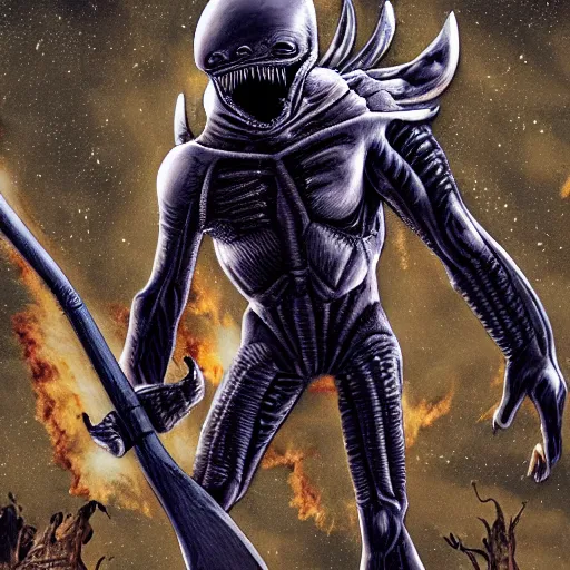 Prompt: alien lifeform with a battleaxe