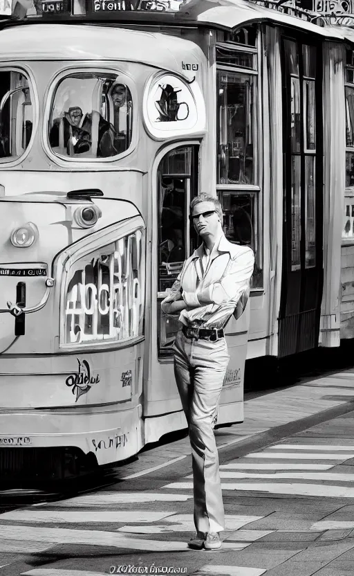 Prompt: pinup of a sexy tram driver posing next to a tram, helsinki, daylight, summer, by alan gournier, by olivia